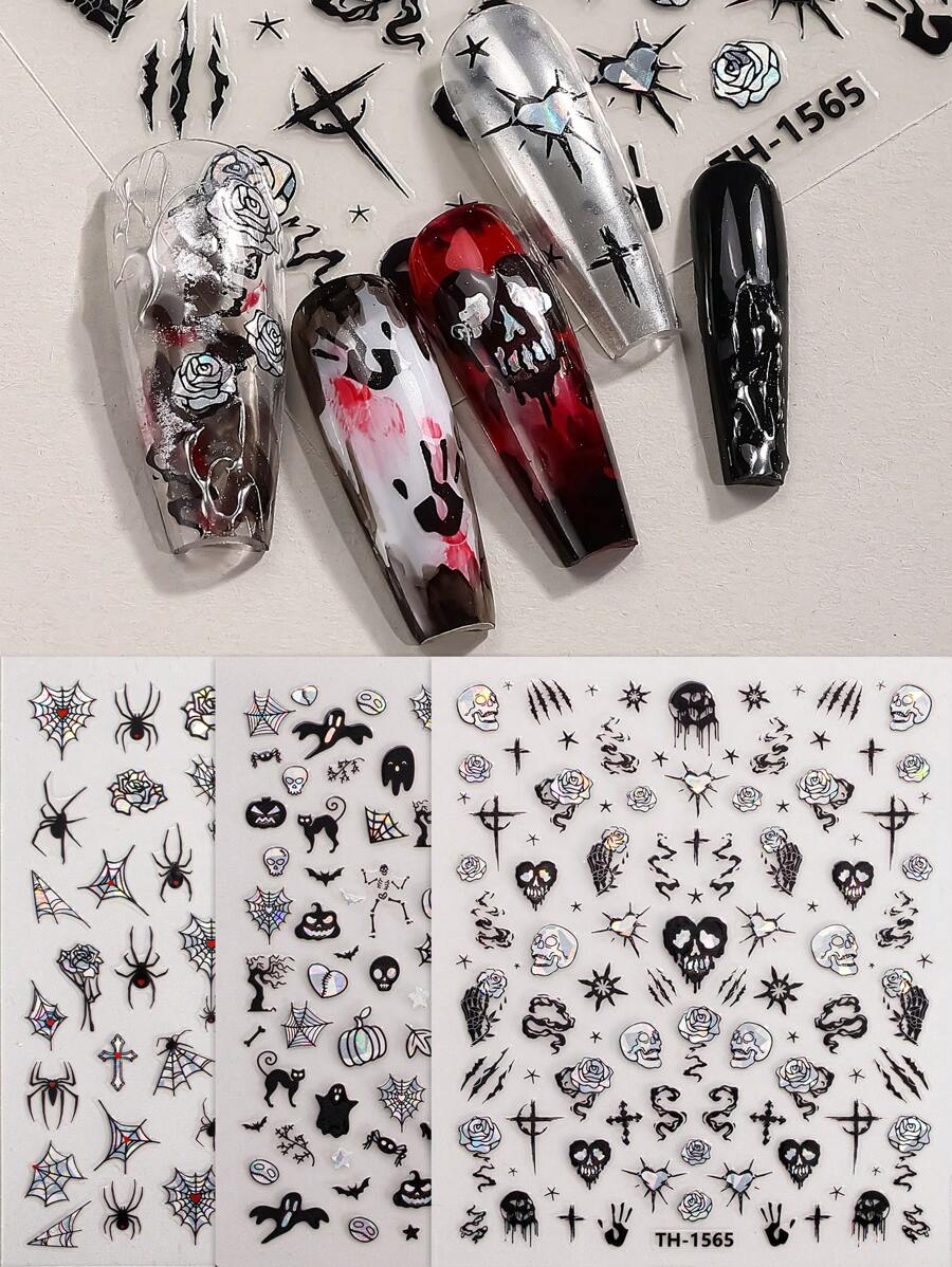 3 Stücke 3D Schädel Nail Art Aufkleber für Halloween, Laser Spinnennetz auflösende Love Skull selbstklebende Nail Decals, Nail Art Zubehör für Frauen DIY Nail Art Aufkleber