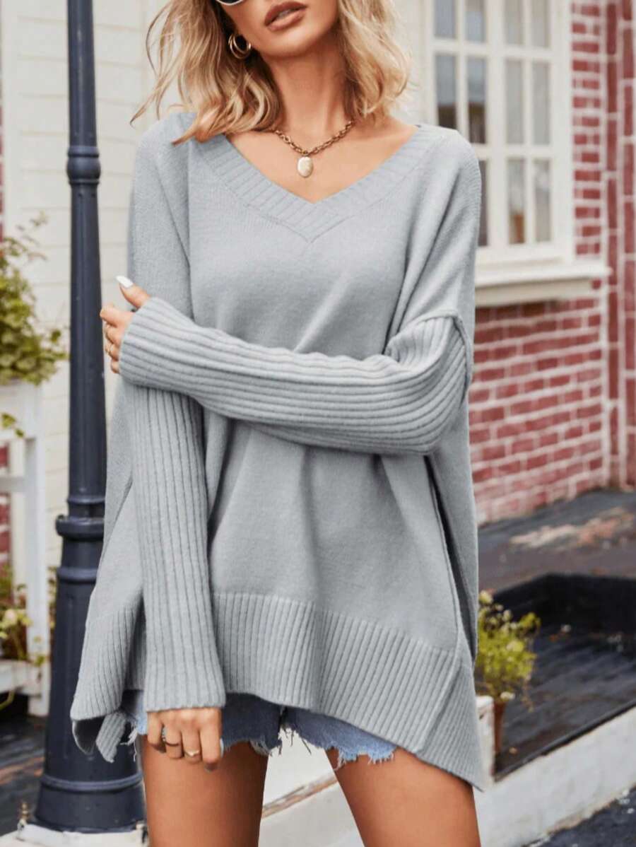 Women Solid Color Casual Split Side Loose Sweater