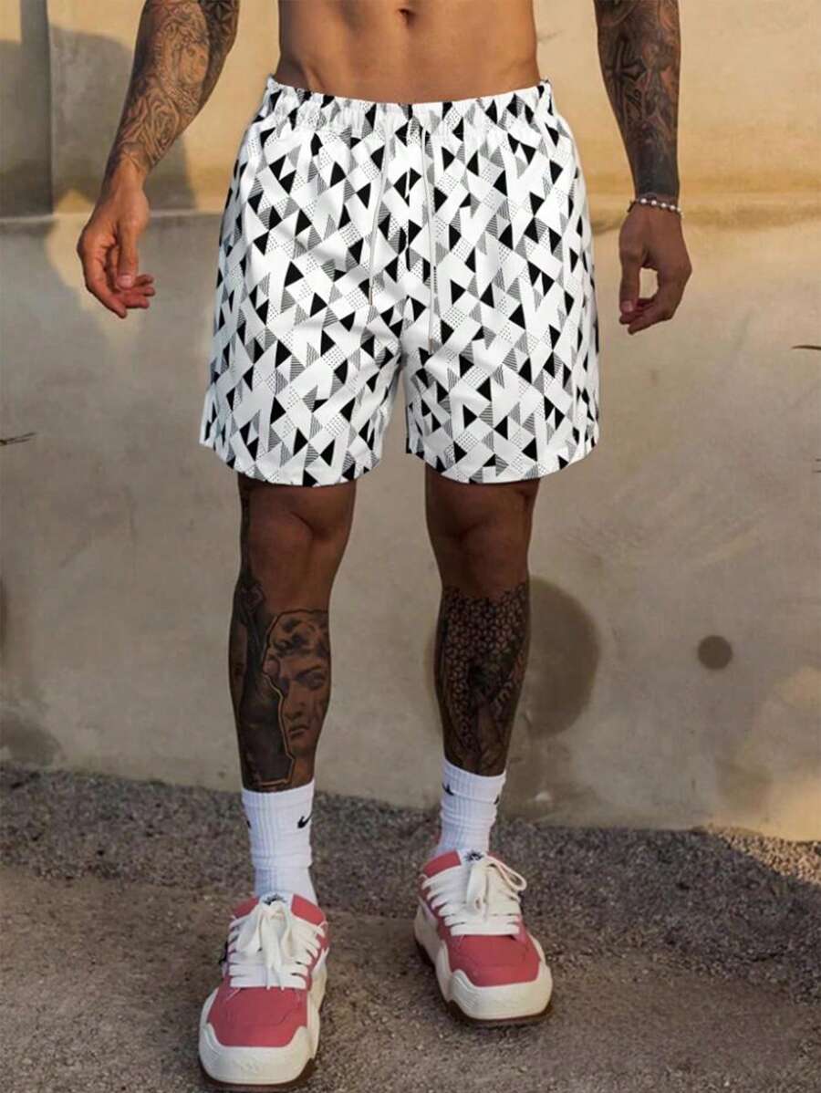Shorts casuales de verano para hombres con bolsillos con cordón, estampado geométrico y floral menudo