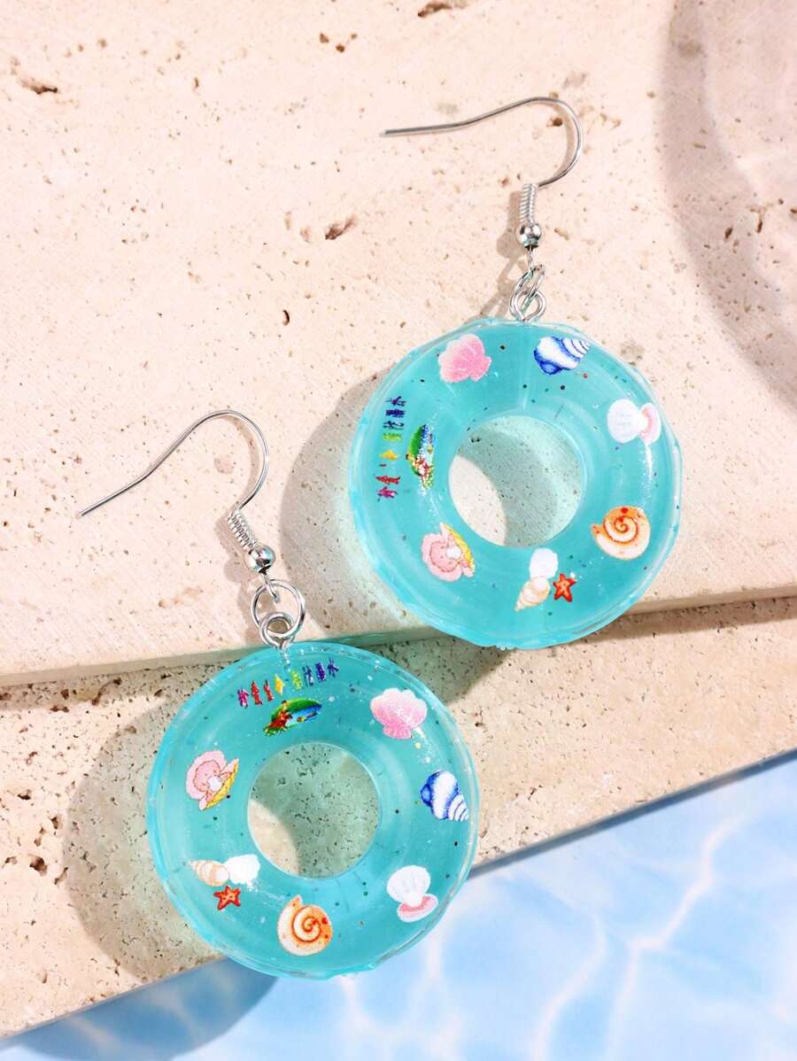 1 Pair Of Creative & Cute Mini Blue Swimming Ring Earrings For Women, Beach/Vacation Jewelry