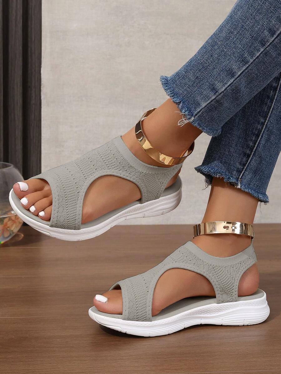 Knitted Sports Sandals, White Thick-Sole Solid Color Bohemian Hollow-Out Casual Ladies Beach Resort Shoes, Summer