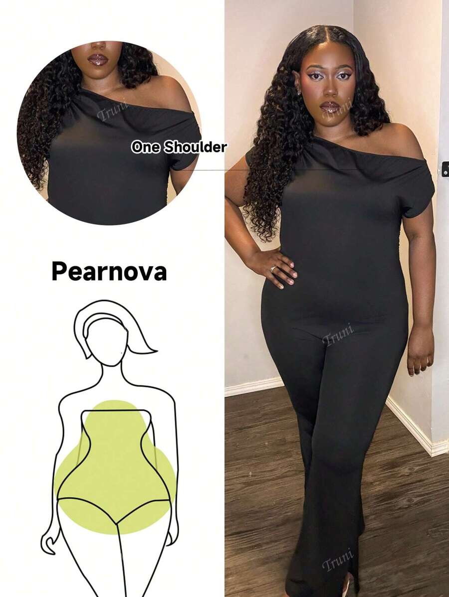 Truni Plus Size Asymmetrical Neck Short Sleeve Simple Jumpsuit Casual Everyday Wear Black Slim-Fit Jumpsuit