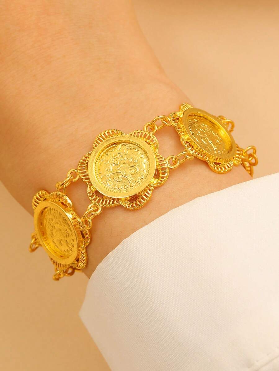 1 pieza Pulsera de mujer de cadena con moneda circular, ambiente festivo y elegante, adecuado para uso diario, fiesta y eventos