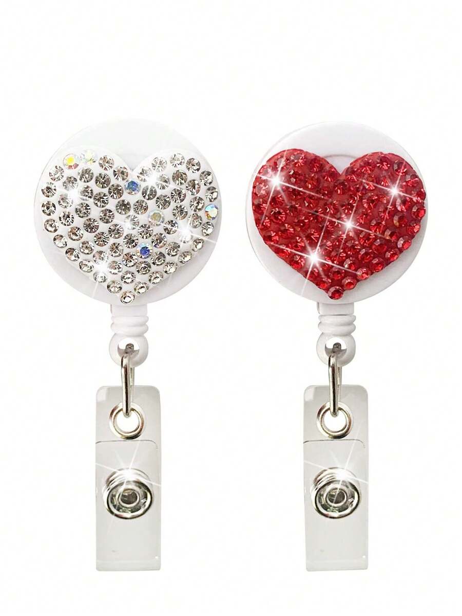 1Pc Rhinestone Sparkling Love Red Silver Easy To Pull Buckle Simple Creative Versatile Doctor Nurse Chest Badge Stretching Rotation Simple Portable Art Circle, School Supplies,Back To School