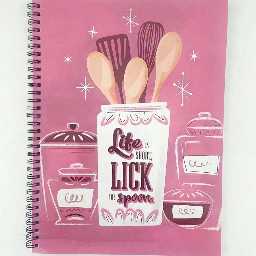 1 pieza Cuaderno/Diario de espiral con recetas "Lick The Spoon" de tapa blanda de 8.5" x 11", cubierta laminada brillante duradera, útiles escolares, de vuelta a la escuela