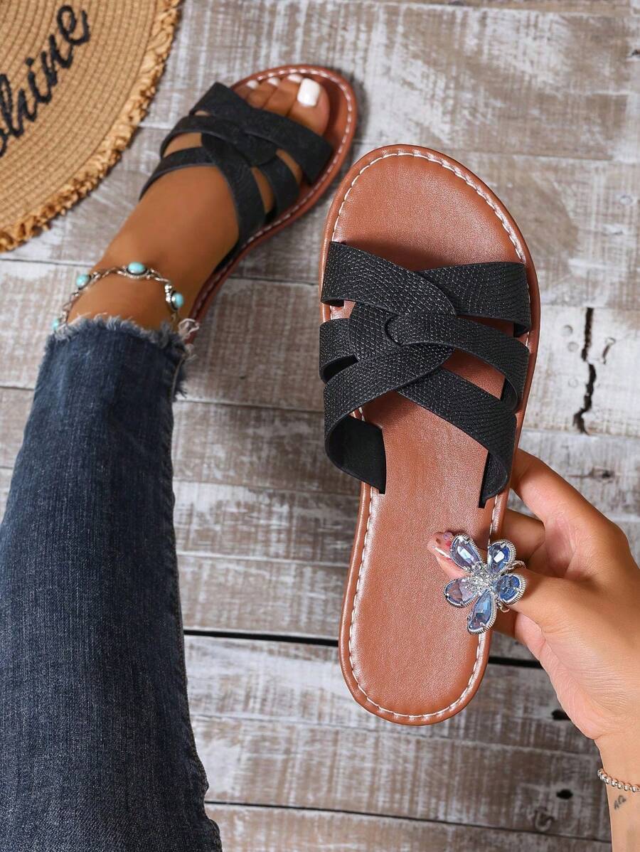 Sandales plates style coréen casual pour femmes, sandales romaines tressées à bout ouvert pour le printemps et l'été, porter à l'extérieur, glissières mode confortables, plates, assorties aux robes, conviennent pour la plage, l'Plat, couleur marron