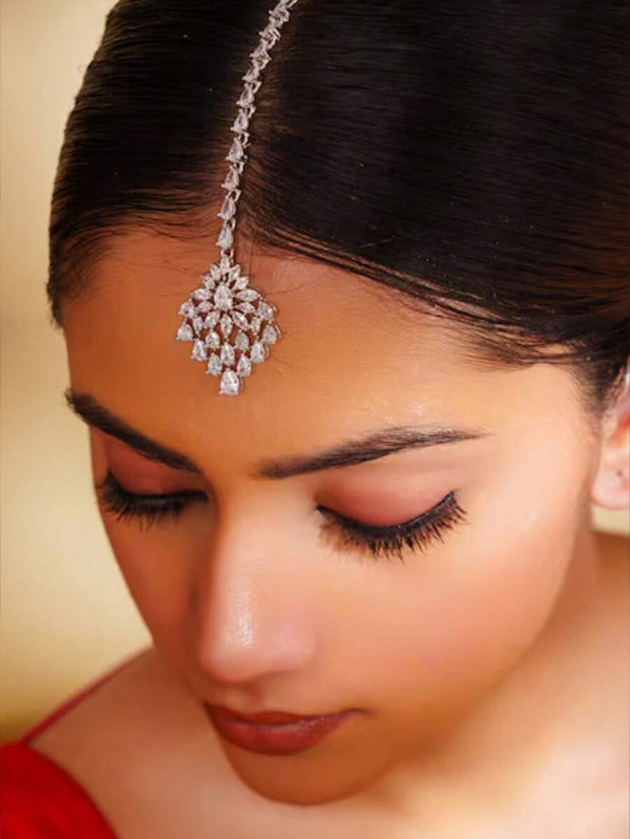 1pc Zirconia Forehead Chain, Water Drop Headpiece, One-Piece Clip, Bohemian Style, New Bride Hair Accessory