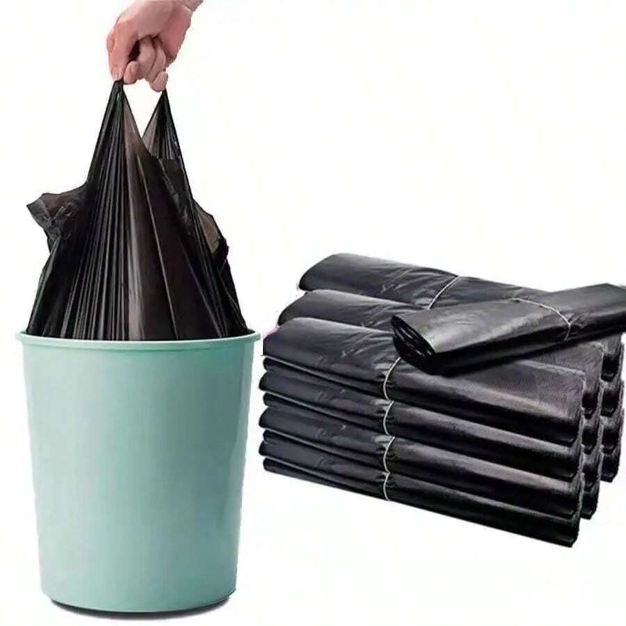 50pcs/100pcs Heavy Duty Black Garbage Bags, Disposable Handle-Tie Trash Bin Liners For Household Use, Use In The Kitchen, Summer Beach Party, Trash Storage, Organizer, Camping, Party, Room Decoration, Living Room, Bathroom, Kitchen Supplies