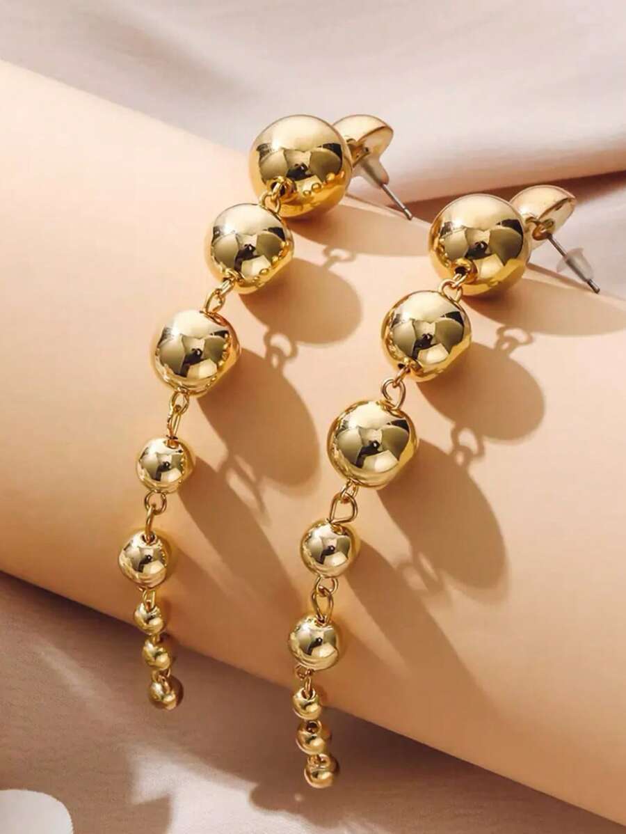 5pcs/Set Summer Beach Gold Beaded Jewelry Set, Ball Bead Necklace, Bracelet, Tassel Earrings, Open Ring, Suitable For Ladies Holiday Party Wear