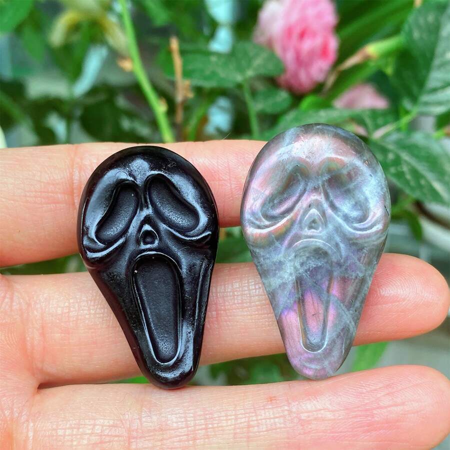 1 Stück 4 cm natürliche Obsidian/Spektrolit Feldspat Gesichtsmaske, geschnitzte Quartz Kristall, Kristall Figur, Wohndekoration, Kristall Chakra Geschenk, Kristall DIY Zubehör (Zufällige Lieferung)