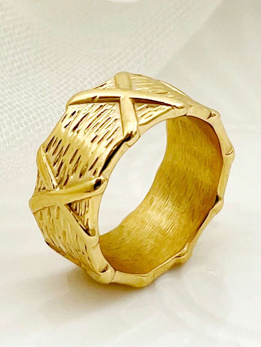 1 Peça Anel com Detalhe de Nó de Bambu e Linha Cruzada Estilo Vintage Banhado a Ouro em Aço Inoxidável, Adequado para Uso Diário e em Ambientes de Negócios pelas Mulheres