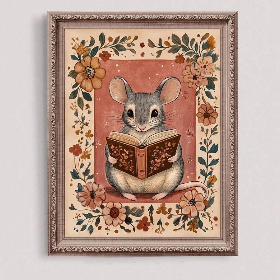 1 pezzo Stampa su tela con cartellone artistico naif di un topolino che legge, senza cornice, per nido d'infanzia, stile cottagecore accogliente, arte da parete minimalista rustica vintage per amanti dei libri, salotto, camera da letto, decorazione moderna per casa, sopra il letto