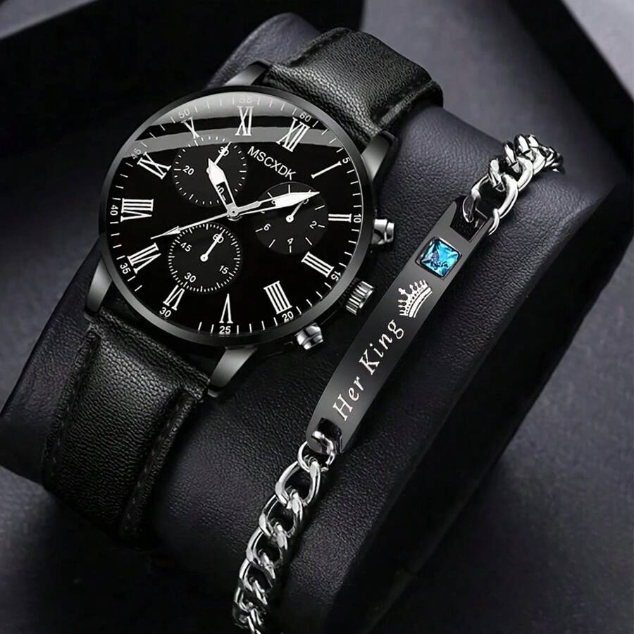 Conjunto de 2 relojes de hombre con pulsera de joyas de accesorios tipo Hip Hop - Reloj de cuarzo con esfera de números romanos y tres ojos, correa de PU, casual y de moda - Ideal como regalo para fiesta, playa, vacaciones o San Valentín