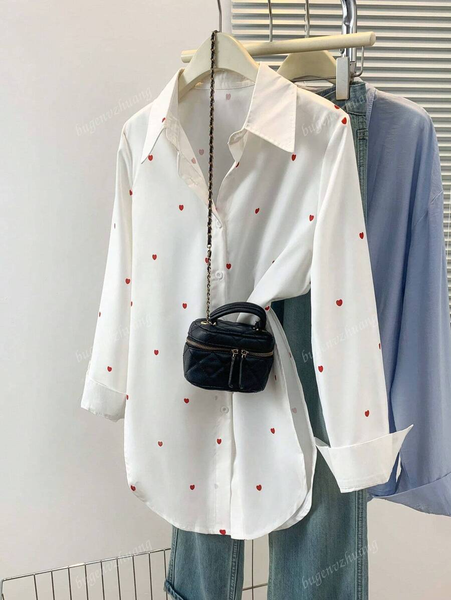 Women's Allover Heart Print Polo Collar Shirt - Oversized Button-Up Front Long Sleeve Top For Casual To Dressy Essentials, Spring Summer Fall All-Season Capsule Wardrobe
