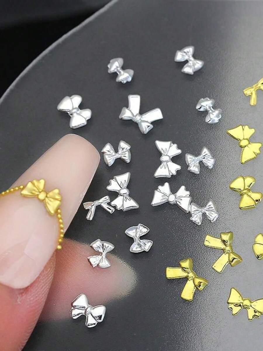 50PCS Alloy Bow Wearing Nail Decoration Mini Metal Rivets Gold And Silver Ribbon Nail Accessories