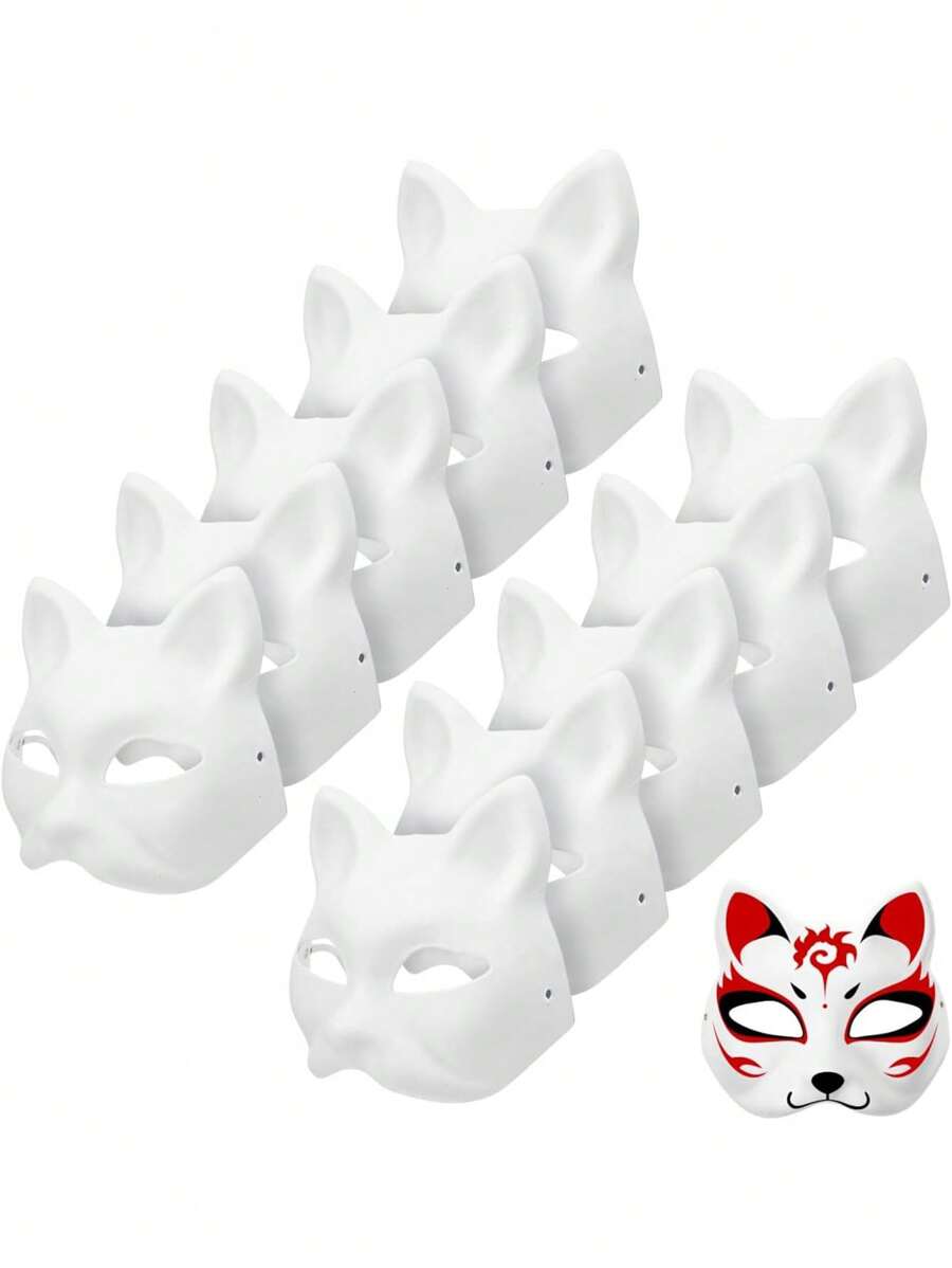 1/6/10/20 Piezas Máscaras blancas de gato y zorro de la marca Therian, máscaras en blanco para DIY, máscaras de animales para mitad de la cara, disfraces de Halloween, mascarada y cosplay