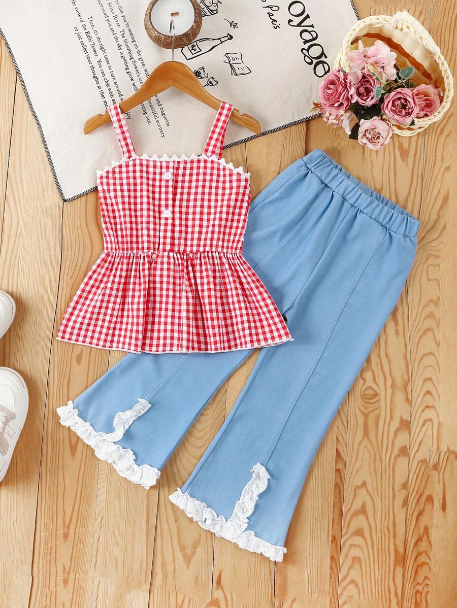 2 pezzi set di canotta e pantaloncini per bambine, con ricamo floreale e maniche con volant, abbigliamento estivo casual di moda