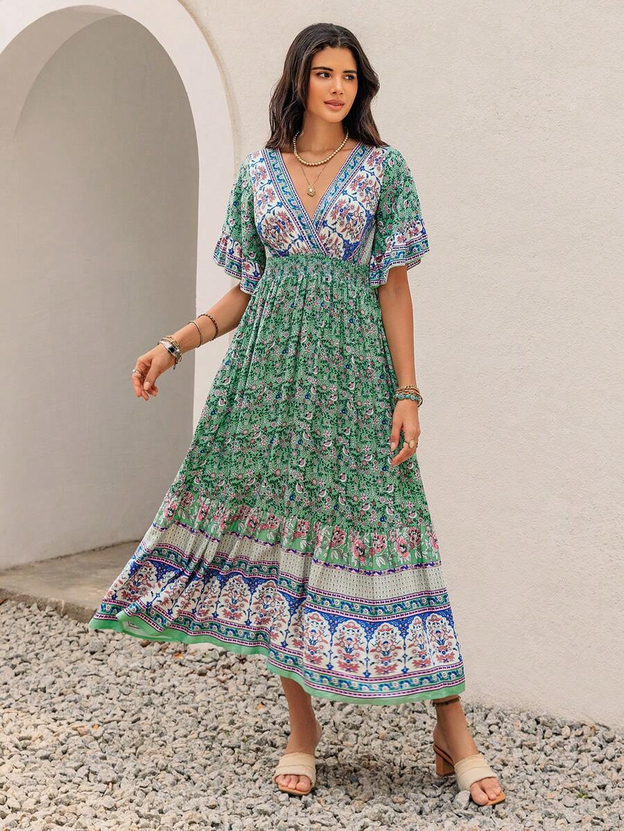Rusttydustty Vestido de verano elegante con cruce floral azul para mujer de talla grande, ideal para vacaciones en la playa, Día de San Valentín, fiestas de verano, Coachella, Hawái, y viajes tropicales con volantes