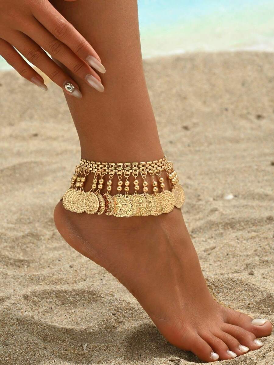 1 pieza Tobillera vintage con monedas y cuentas de estilo bohemio exagerado para mujer, apta para usar en la playa y vacaciones