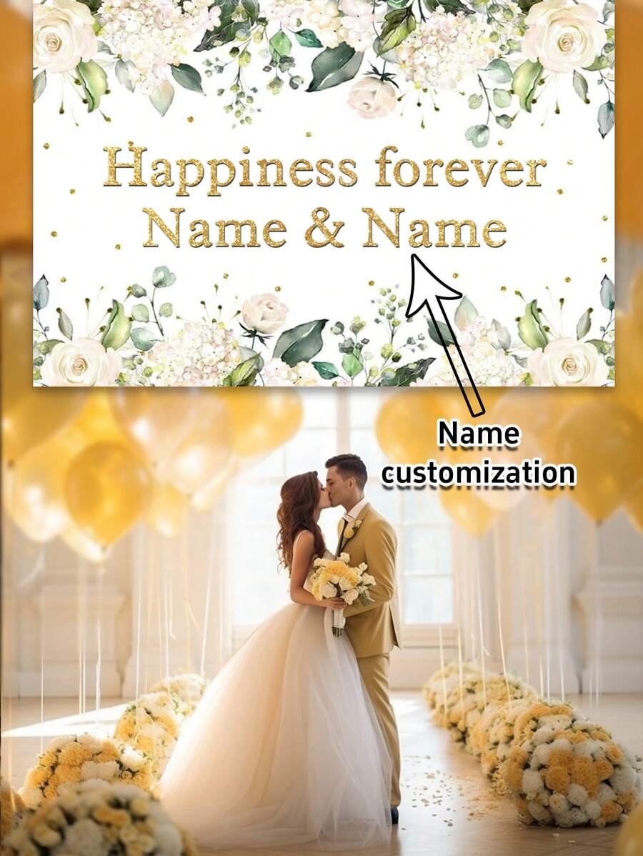 1pc Customizable Green Leaves & Floral Photography Backdrop Cloth, Wedding Engagement Forever Happiness Party Celebration Decor Banner