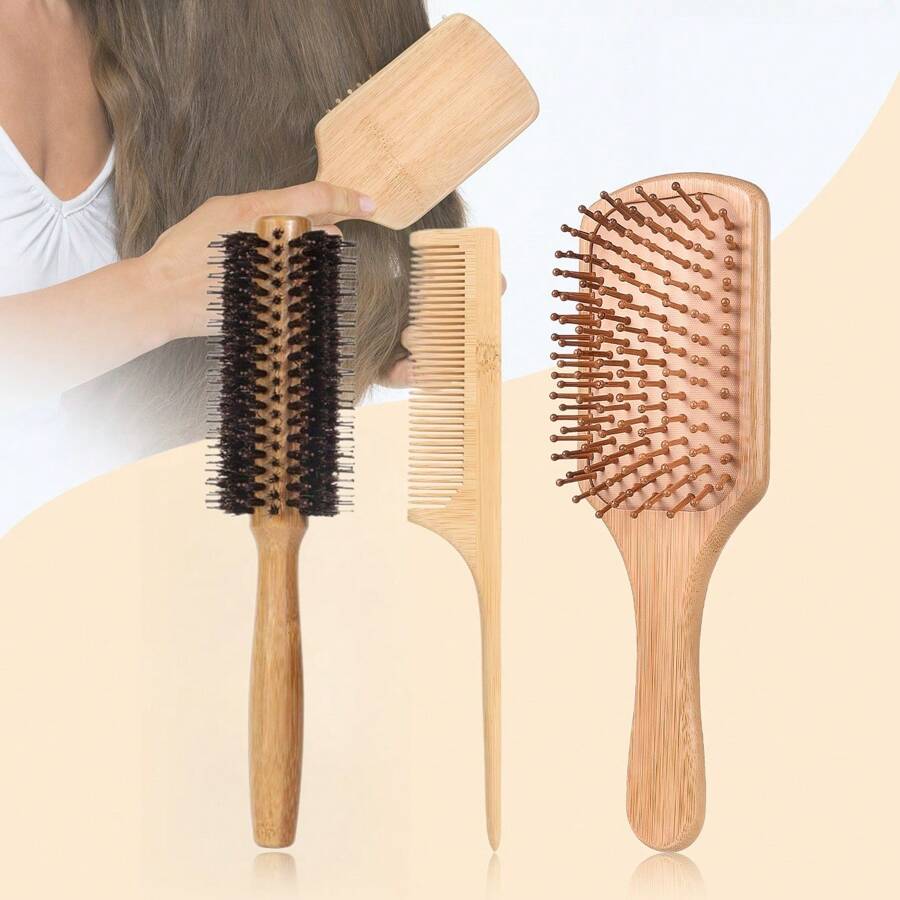 3 In 1 Bamboo Hair Brush Set - Natural Bamboo Comb Paddle Detangling Hairbrush, Tail Comb No Bristle & Round Brush With Boar Bristle & Nylon, Suit For Women Men, Thick/Thin/Curly/Dry Hair Gift Kit