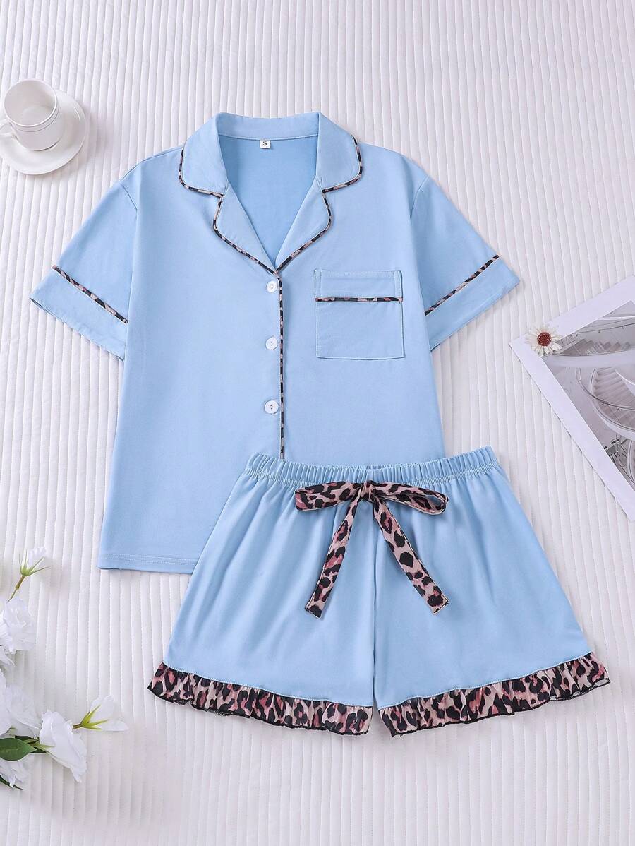 2 piezas Conjunto de pijama para mujer de unicolor con estampado de leopardo, camisa de manga corta y shorts, con bolsillo en el cuello, pantalón de mariposa, con botones delanteros, para uso casual en todas las estaciones