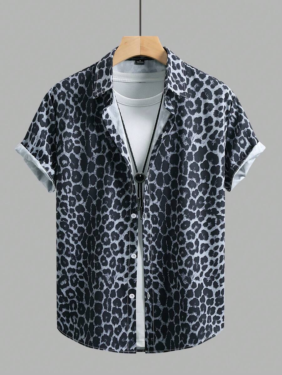 Men's Single-Breasted Short Sleeve Leopard Print Cardigan Shirt