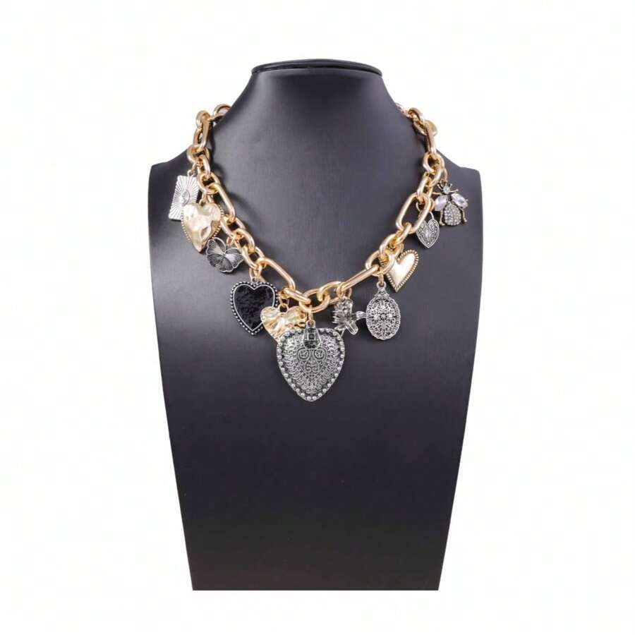 1pc Women Gothic Style Heart & Butterfly Multi Pendant Chain Necklace, Suitable For Daily Wear