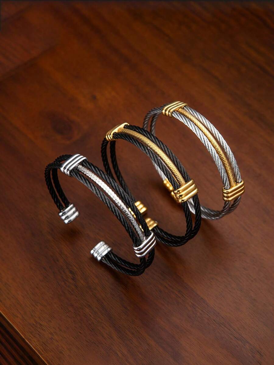 1 pieza Brazalete abierto de acero inoxidable, accesorio de estilo minimalista para hombres, adecuado para uso diario o como regalo para el novio