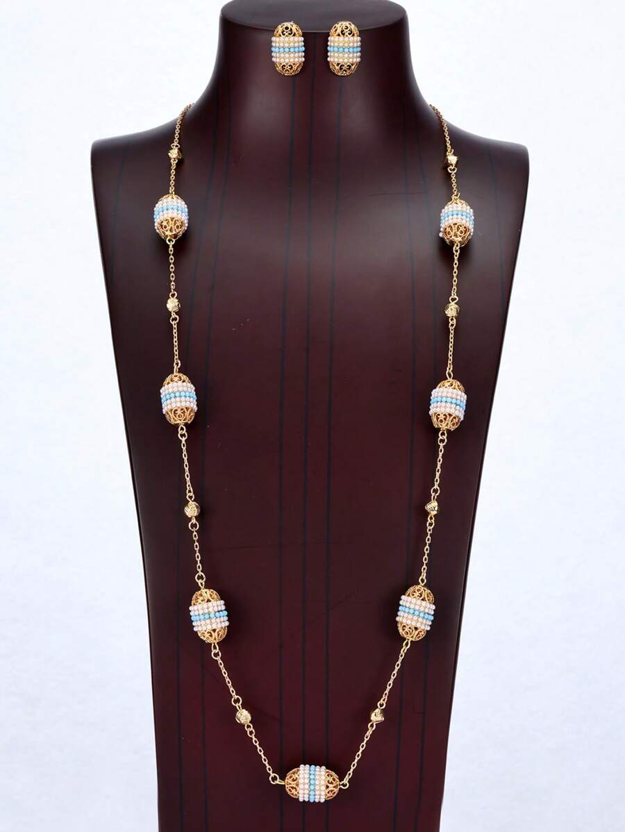 Set de 3 piezas de joyas: Pendientes con perlas en forma de huevo al estilo bohemio y medio oriental para el Ramadán, y un collar largo, como accesorios para vestidos formales de mujer