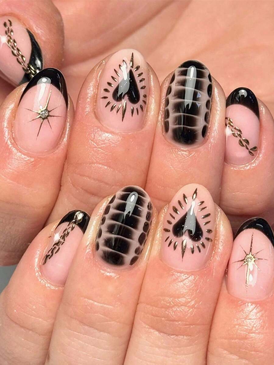 24 szt. Y2K Hot Girl Black Dark Heart Short Almond Press On Nails Dostawcy