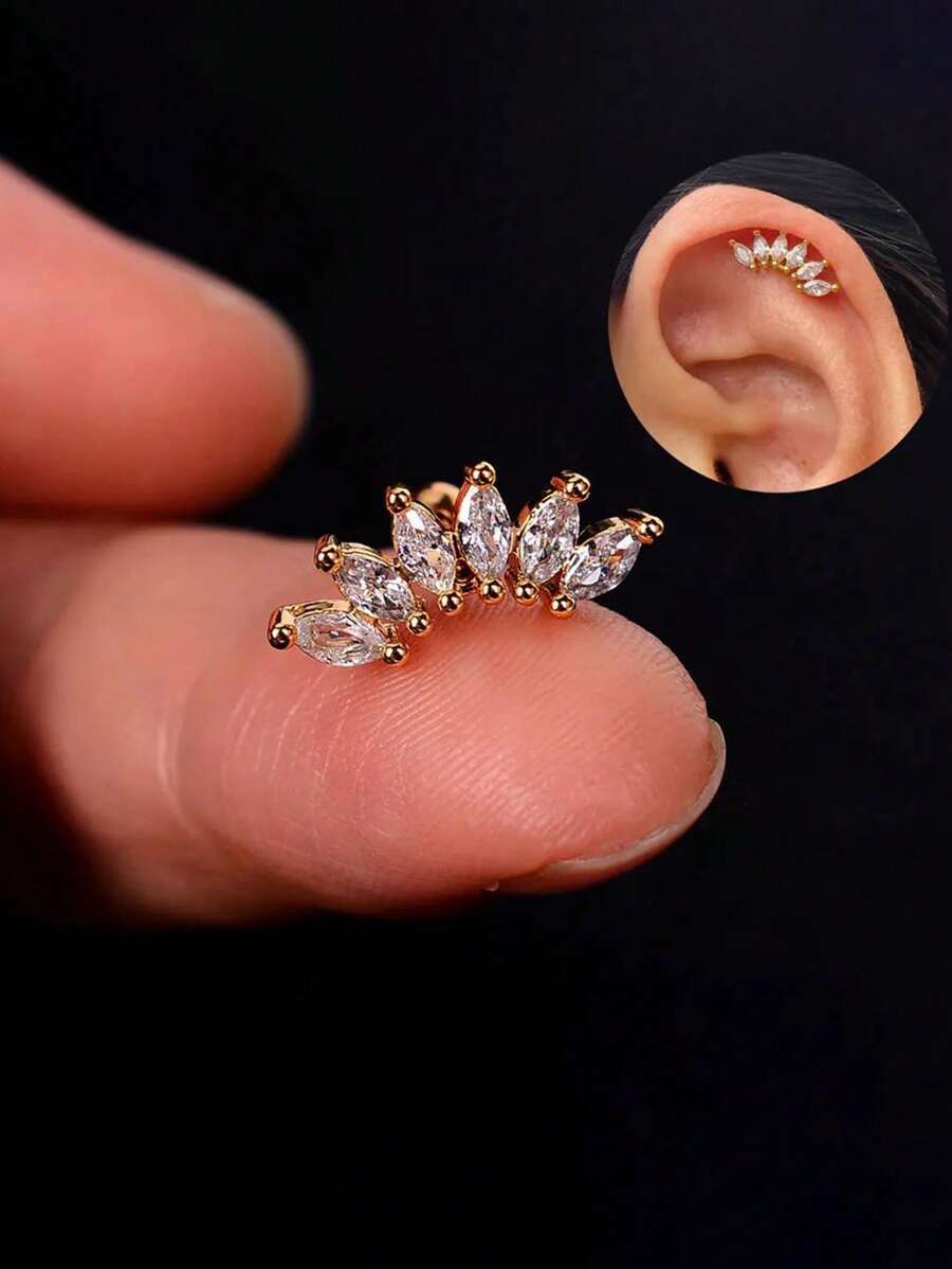 1PC Stainless Steel Cartilage Stud Earrings Crystal CZ Leaf Flower Star Moon Screw Back Earrings Tragus Helix Flat Rook Conch Standard Piercing Jewelry For Women