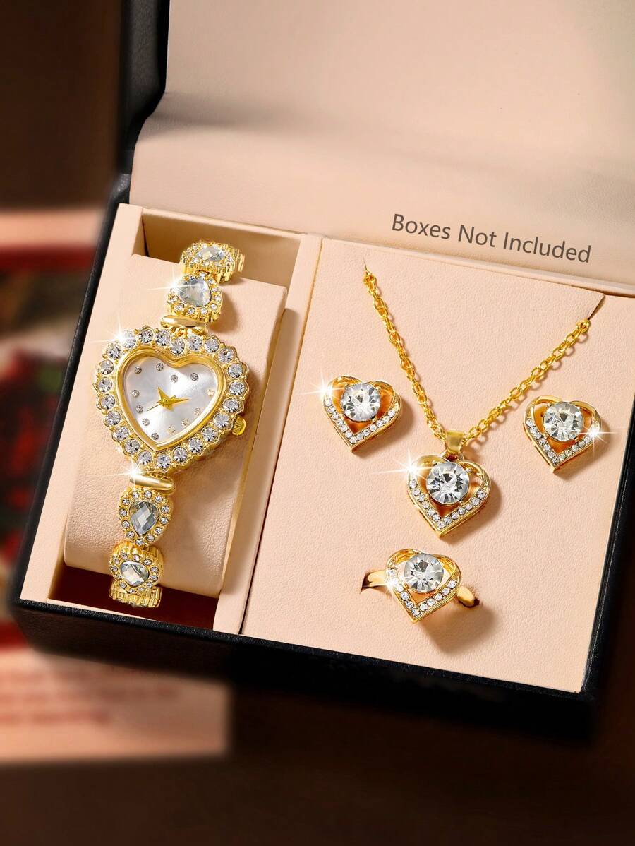 SOKI SOKI Juego de 5 piezas para mujer Reloj de lujo, personalizado y con superficie con diamantes en forma de corazón Reloj de pulsera de cuarzo y collar con colgante de forma de corazón con diamantes incrustados, aretes, anillo. Adecuado para uso diario, temporada de regreso a clases, temporada de graduación, acción de gracias, parejas. El mejor regalo. Caja del reloj no incluida