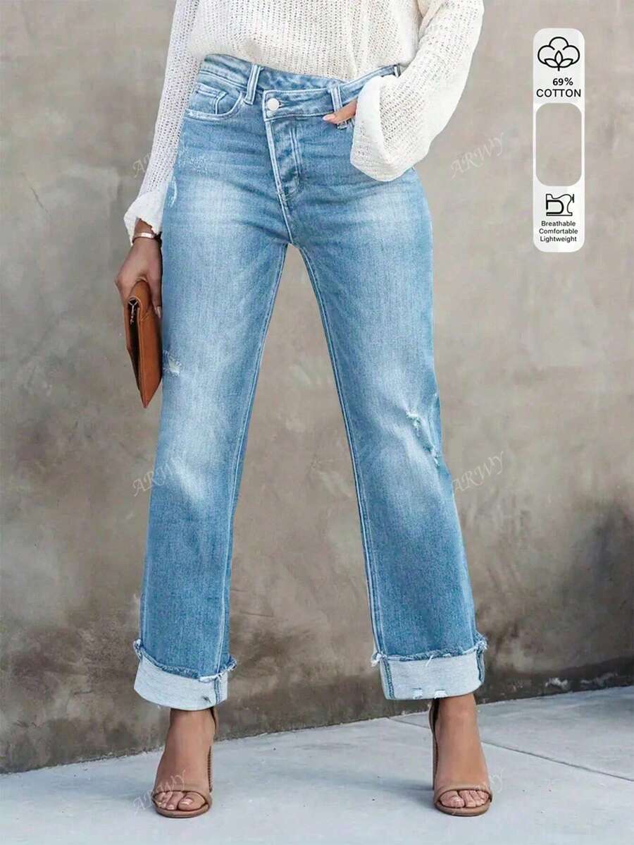 Pantalones vaqueros informales para mujer con cintura asimétrica y efecto desgastado