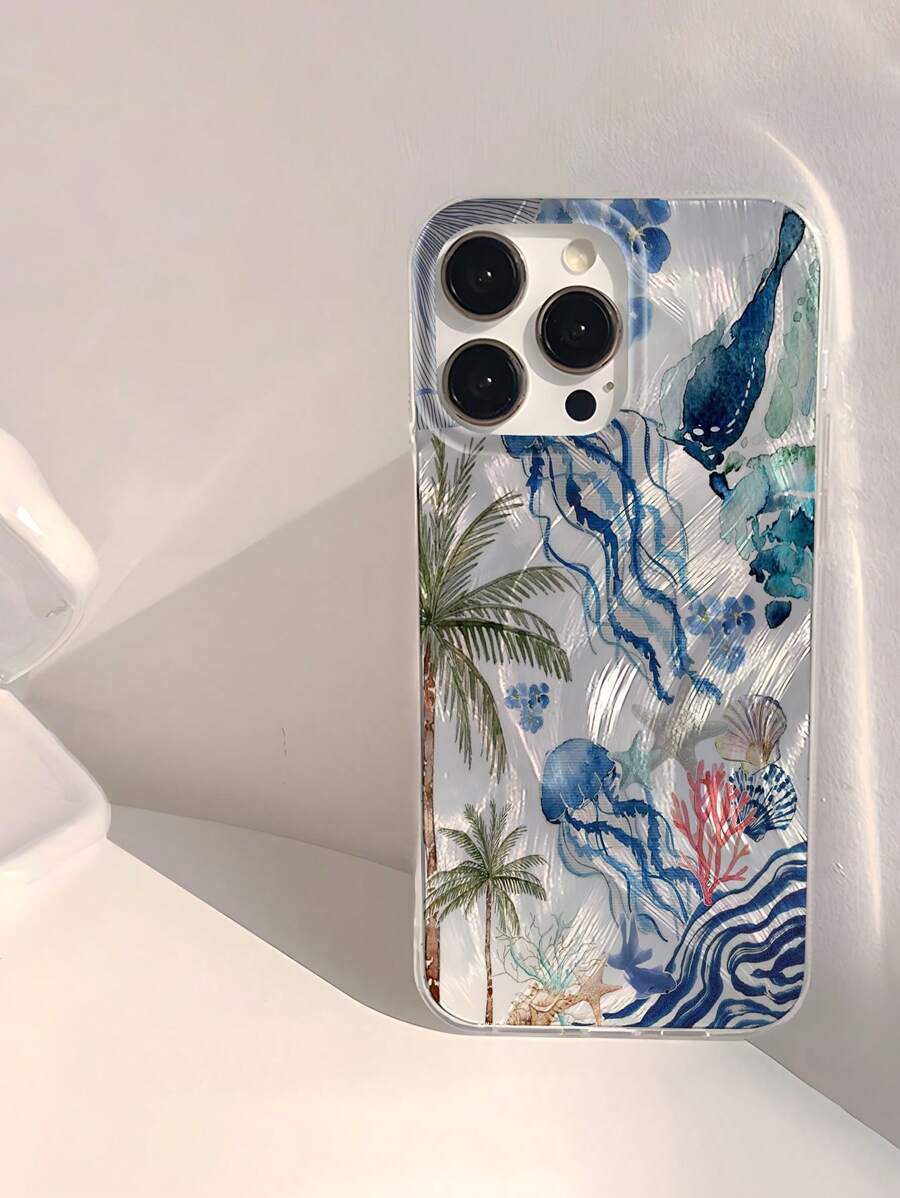 1 pieza Funda de teléfono suave, brillante y transparente con estampado de árbol de coco y medusa del océano veraniego, a prueba de agua, anti-huellas y anti-arañazos, compatible con Apple 16/16 Plus/16 Pro/16 Pro Max