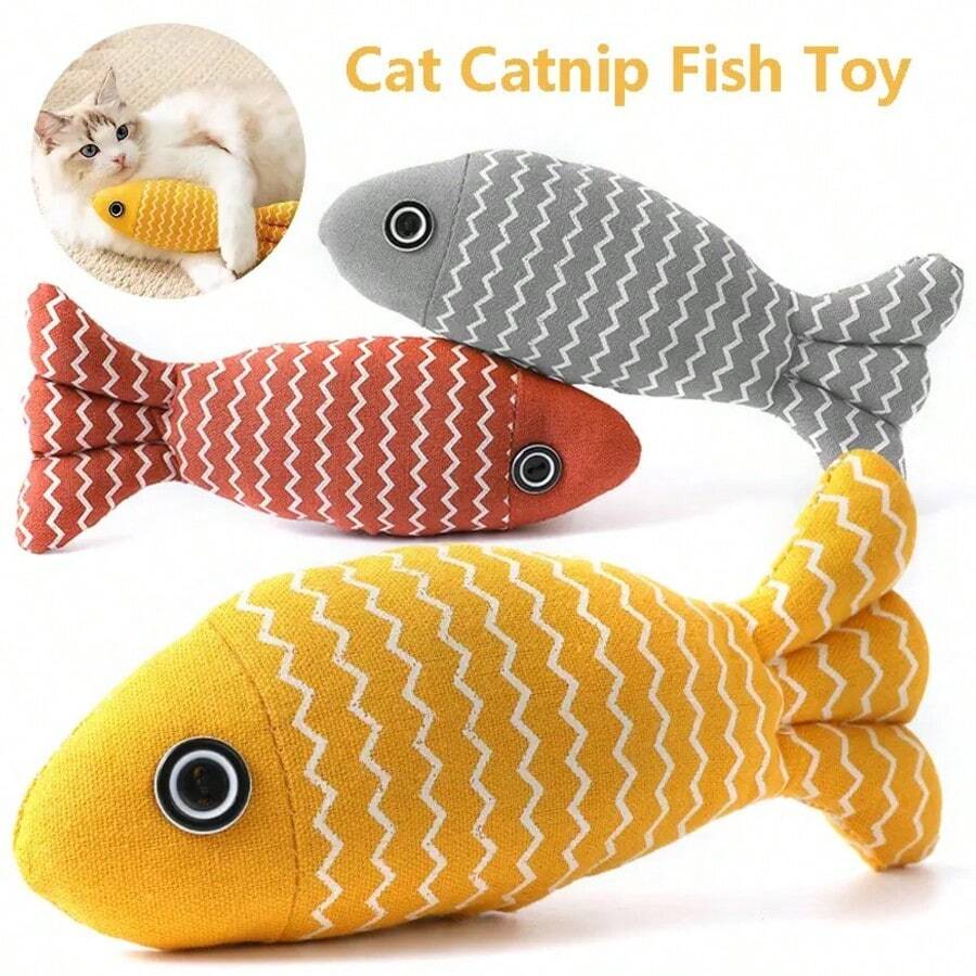 3 Juguetes para gato realistas con forma de peces con textura arrugada - Peluche resistente con protuberancias texturizadas para juego interactivo, resistente a mordeduras y apto para gatos y gatitos, diseño divertido a rayas naranjas y amarillas, juguete interactivo para gatos
