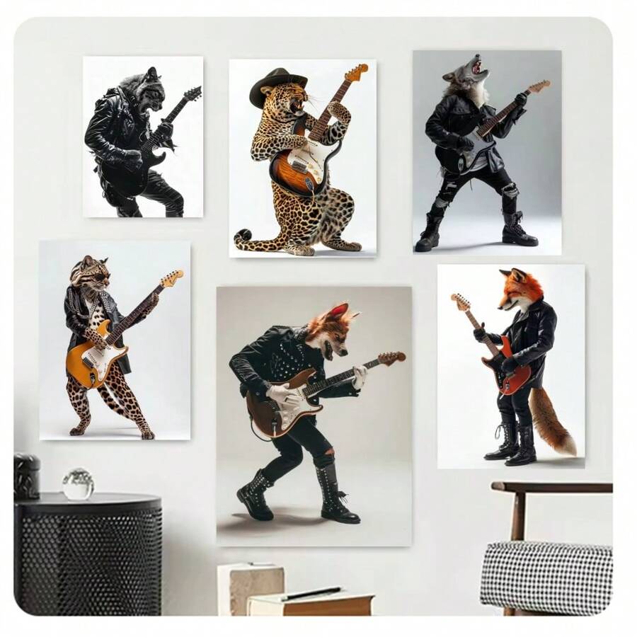 1pc Frameless Fun Animal Playing Guitar Posters Fashion Fox Bear Vintage Painting Printed Canvas Wall Arts Modern Living Room Bedroom Dormitory Bar Club Wall Decoration Home Decoration