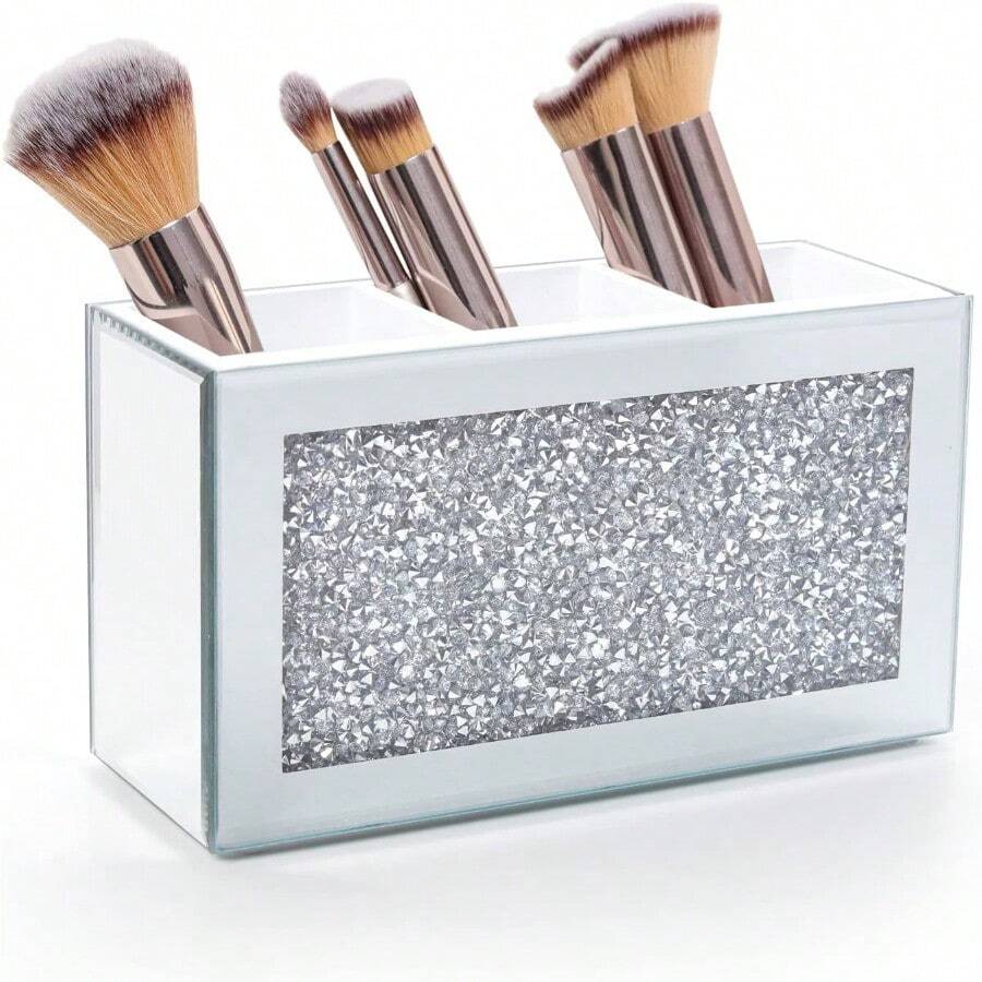 Silver Makeup Brush Holder Organizer Bling 3 Slot Crushed Diamond Crystal Mirrored Cosmetic Brushes Storage Eyeliners Eyebrow Pencil Display Case