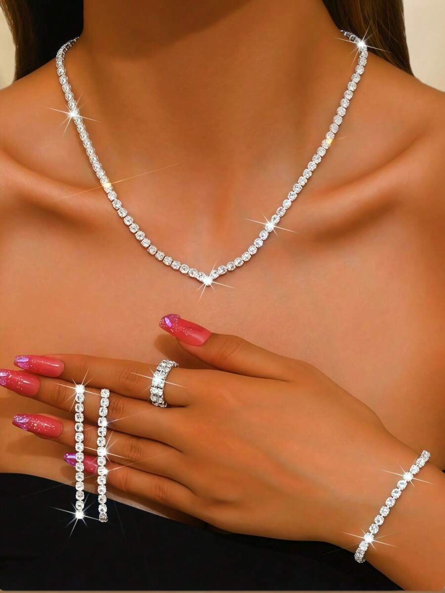 Conjunto de joyas de 5 piezas con collar, pendientes, anillo y pulsera con destellos de cristal rhinestone, adecuado para vestidos elegantes de verano de señoras, con variedad de estilos y colores para elegir