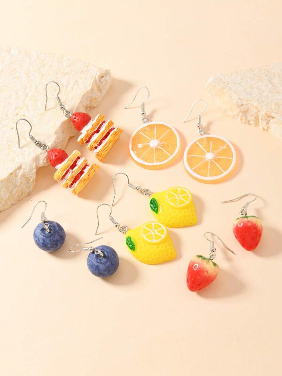 1 Pair Handmade Resin Realistic Fruit Cake (Strawberry, Blueberry, Lemon, Avocado, Smiling Face) Earrings, Fashionable For Daily Wear