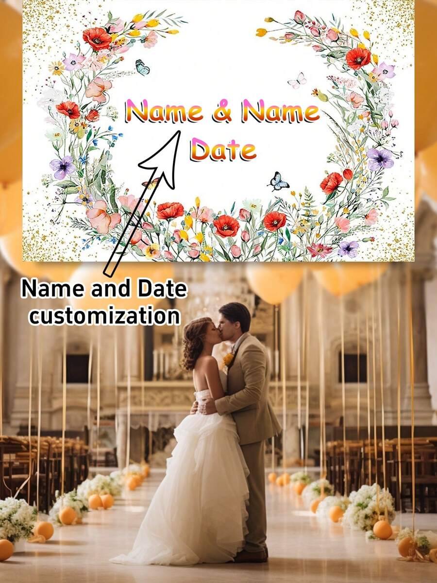 1pc Customized Name & Date Floral & Butterfly Engagement Wedding Photography Backdrop, Wedding Celebration Party Decorations