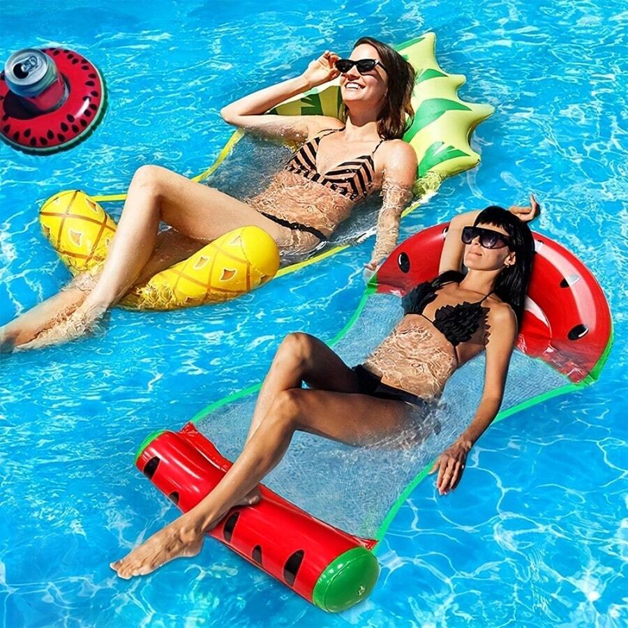 Letto galleggiante gonfiabile con sottobicchiere gonfiabile a forma di frutta, amaca d'acqua pieghevole, sedia a sdraio galleggiante per piscina, letto galleggiante per piscina con pompa d'aria, decorazione per festa in piscina