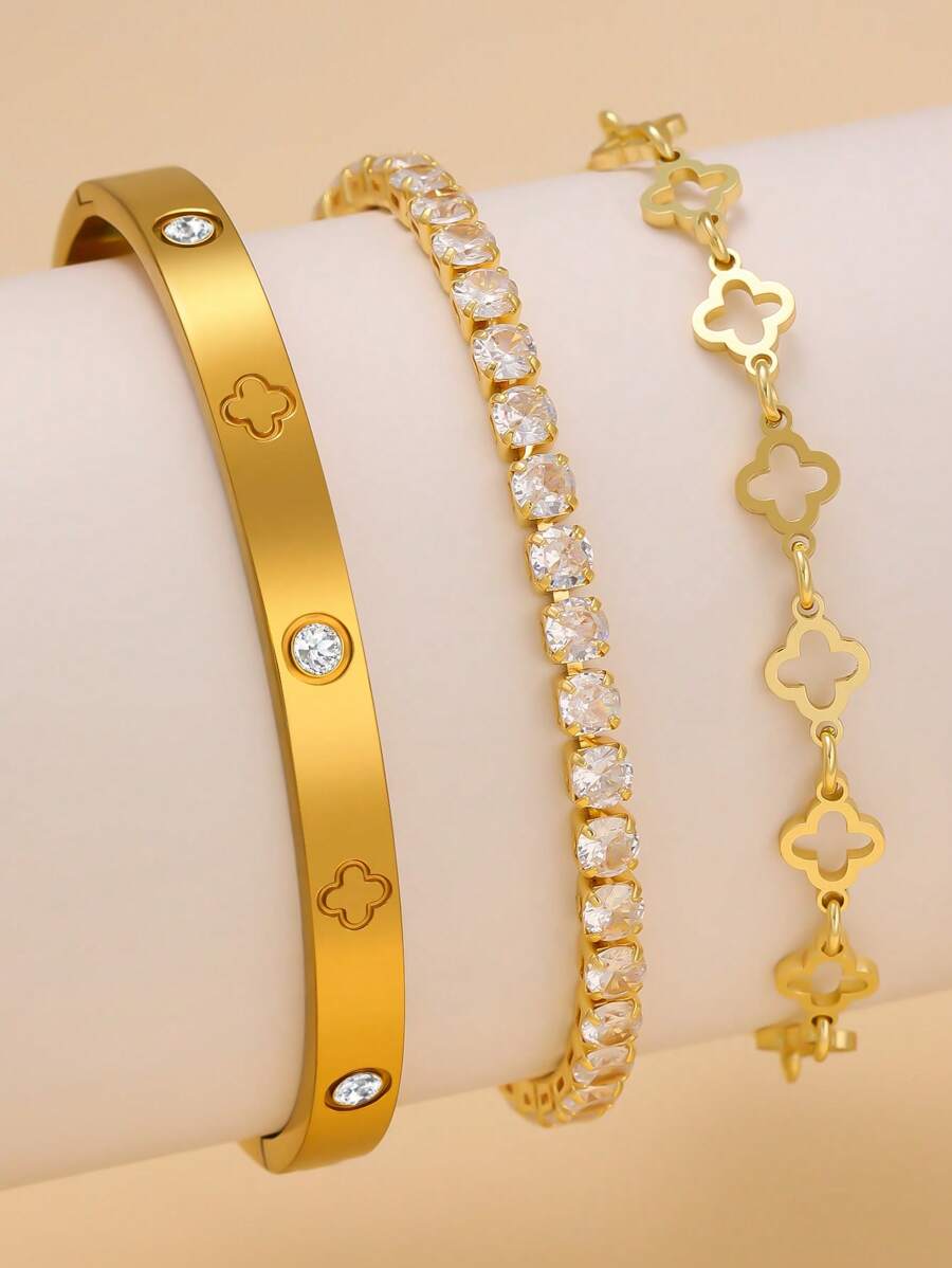 New Flower & Four-Leaf Clover Zirconia Bracelet & Bangle Set, Multi-Element Accessory Set Suitable For Women's Daily Wear, Versatile