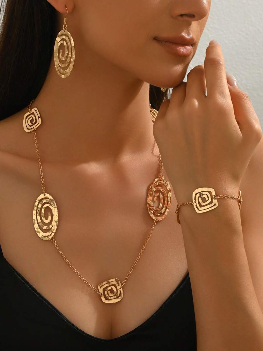 4 pièces Set de bijoux élégants pour femmes, style rétro boho géométrique en métal, collier + boucles d'oreilles + bracelet avec design ovale, carré, spiralé. Convient pour le Moyen-Orient, usage quotidien, soirée, rue, cadeau de vacances, accessoire polyvalent