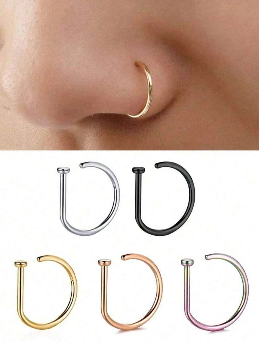 5pcs Fake Pierced Nose Rings Men And Women Fashion D Shape Punk No Piercing Nose Clips Stainless Steel Pierced Nose Septum Suitable For Teenagers Body Jewelry