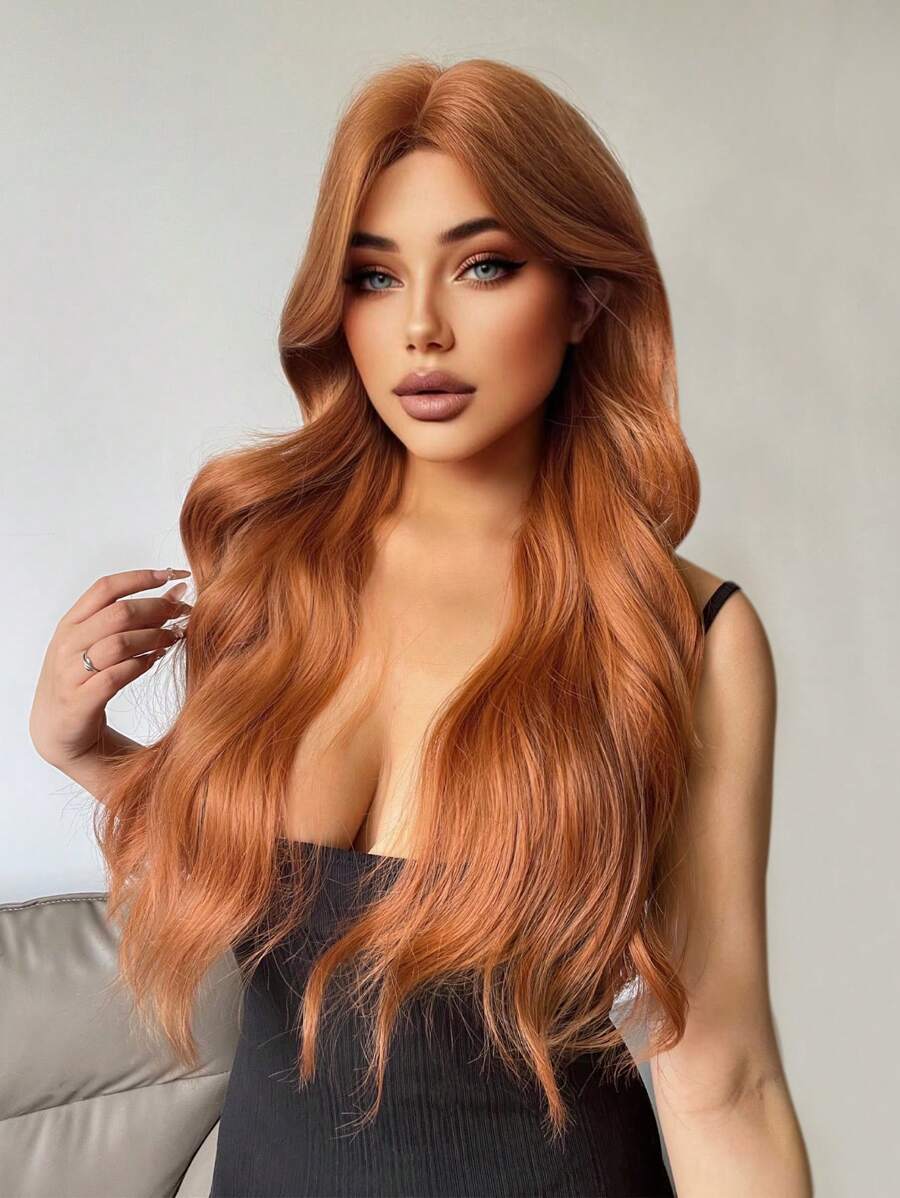 Forehead Lace 4*1, 1 Piece Synthetic Heat-Resistant Long Curly Hair, No Bangs, Golden 28 Inches Full Weave Daily Natural Realistic Wig.
