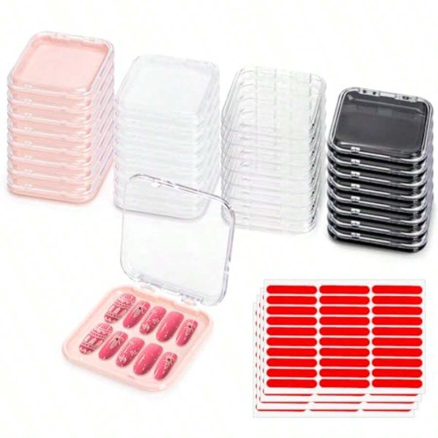 32 Pack Press On Nails Boxes 2.75 X 2.75 Inch Press On Nail Display Case Acrylic Fake Nails Storage Package Containers With 120 Adhesive Nail Tapes For Press On Nail Business Nail Art Salon