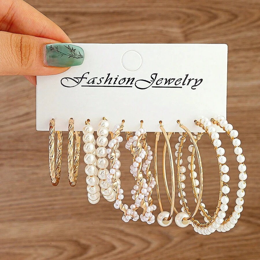 Conjunto de 5 pares de brincos de argola com pérolas exageradas