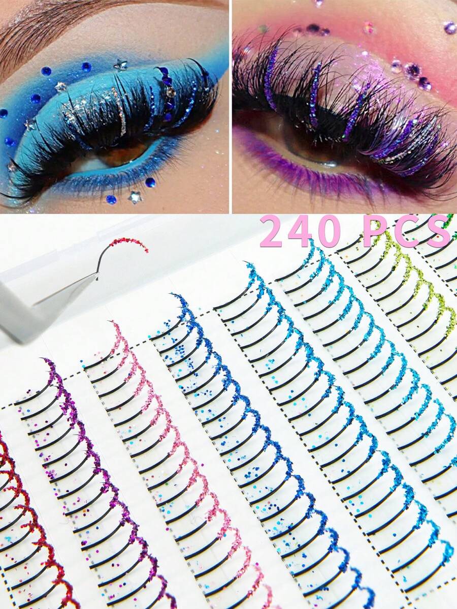 Extensiones de pestañas postizas individuales de 12 filas con 240 mechones de aspecto wispy, efecto volumen ruso multicolor natural, calibre 0.07D, rizado C, longitud de 10-16mm