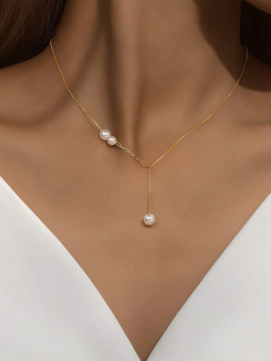 1PC 925 Sterling Silver Y Shaped Pearl Drop Chain Pendants Necklace Fine Jewelry Gift For Women Daily Wear Wedding Party Engagement Valentine's Day
